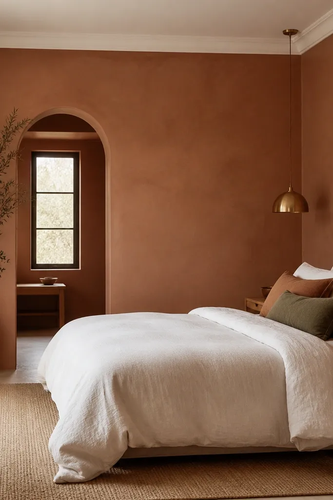 Bedroom with terracotta clay walls; ceiling and trim in bone white; bed in bone white duvet with terracotta and olive pillows; terracotta ceramic vase; warm brass pendant light; rug in natural fibers.
