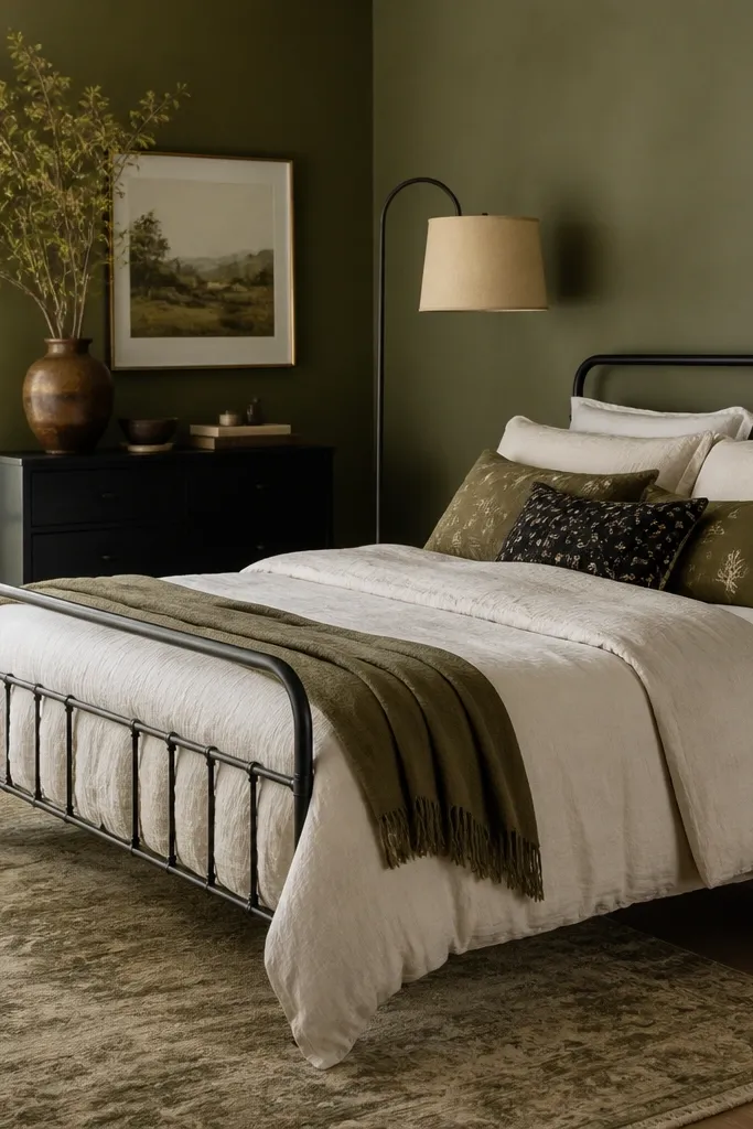 Bedroom with muted olive green walls; black metal bed frame; linen bedding in natural cream; olive and black patterned pillows; a black floor lamp with linen shade; a rug with olive and sand tones.