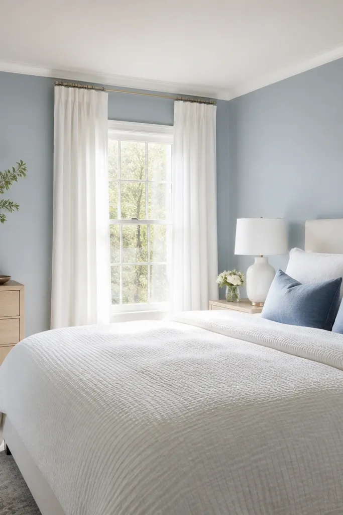 Bedroom painted light dusty blue; ceiling and trim white; bed has white waffle-knit duvet and pillows; blue accent pillows; white curtains; a pale wood dresser and a white ceramic table lamp.
