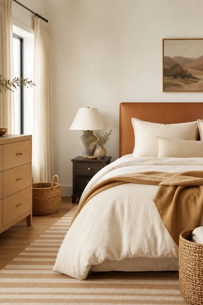 Bedroom with creamy off-white walls; bed dressed in cream sheets; a camel leather-like headboard or throw; woven basket storage; a camel and cream striped rug; warm brass hardware on a dresser.