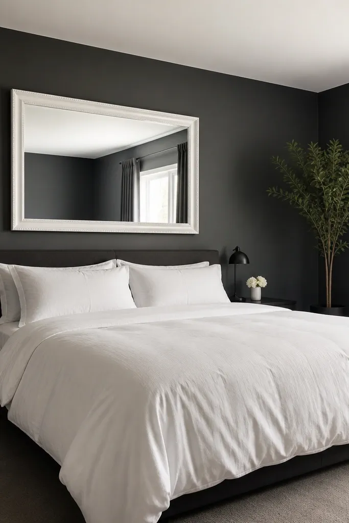 Bedroom with charcoal gray walls; ceiling white; bed with bright white duvet and crisp white pillowcases; black nightstands; a large white-framed mirror; minimal decor with one tall plant.