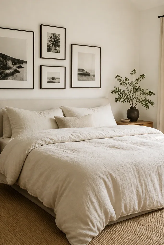 Bedroom painted warm white; bed has off-white linen duvet; light walnut nightstands; a linen curtain in cream; a rug in light tan; a small gallery wall in black frames with off-white matting.