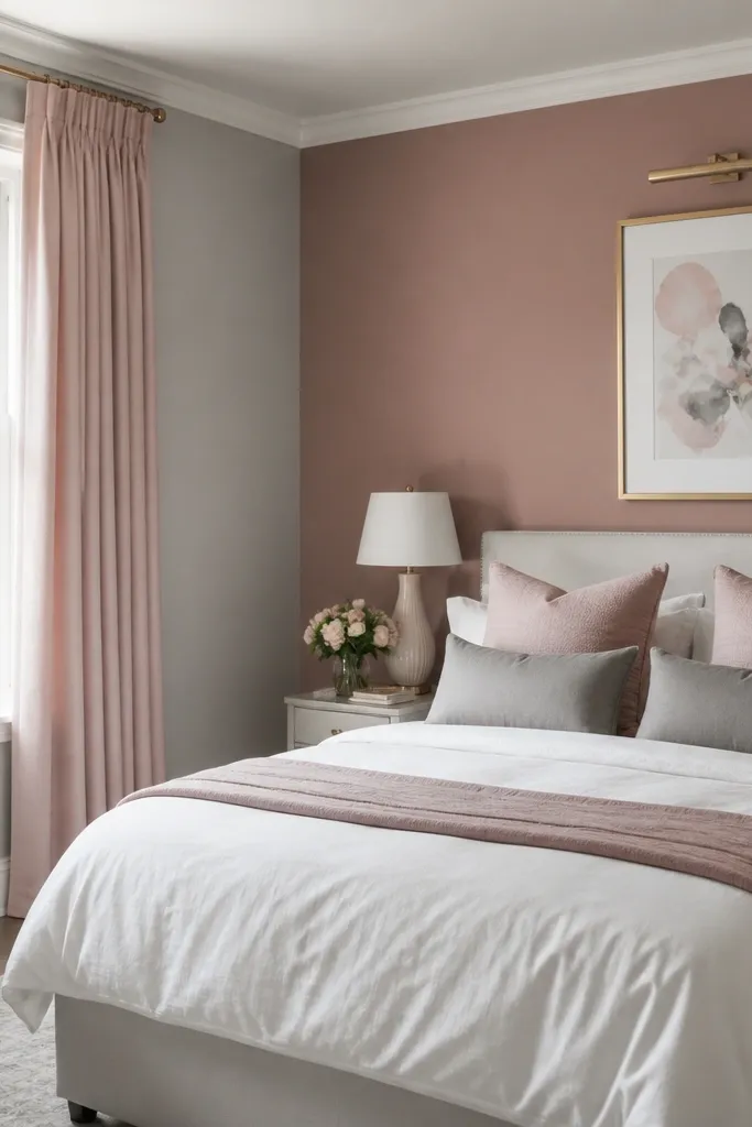 Bedroom with cool light gray walls; one wall behind the bed is dusty rose; bed has white bedding with dusty rose and gray pillows; a blush curtain; a small gold picture light above framed art.