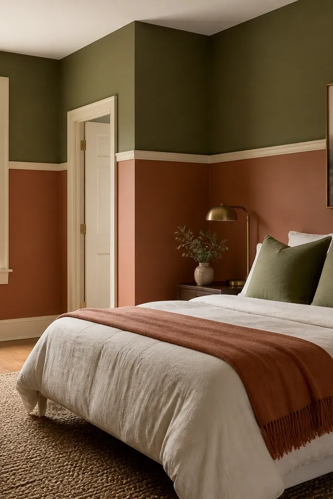 Bedroom with two-tone walls: terracotta on the lower half and olive on the upper half separated by a clean trim line; white ceiling and cream trim; bed in bone white bedding; olive pillows and terracotta throw; woven rug and brass lamp.