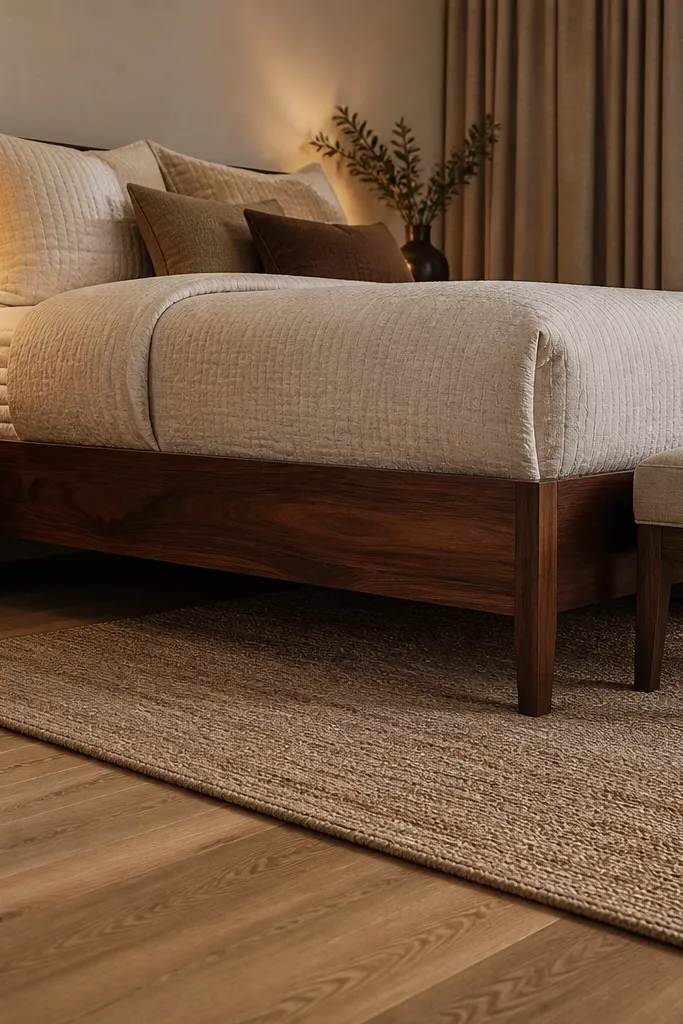 A medium pile rug under a queen bed. The rug extends so the front legs of the bed sit on it, and there is visible rug beyond the sides. The rug pattern is soft like a subtle trellis in beige and warm gray.