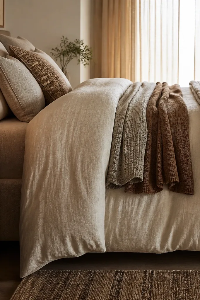 A bed styled with a cream duvet fitted flat on top. A large throw blanket is folded in thirds and placed at the foot. Two smaller pillows include one square textured pillow and one lumbar pillow in a warm stripe.