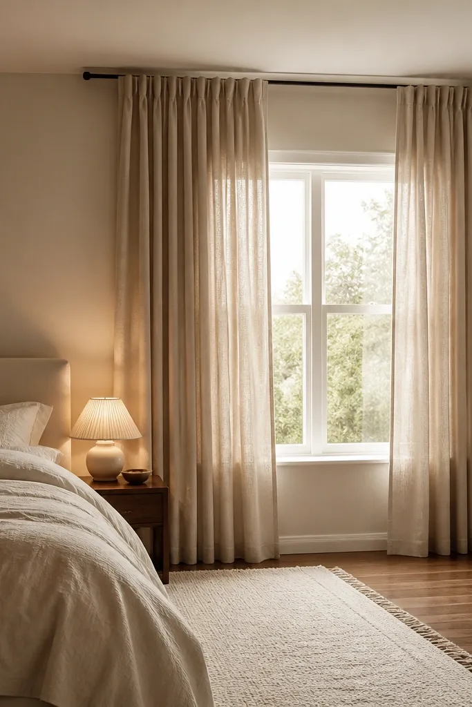 Ceiling-high curtains in warm beige linen. The rod is mounted higher than the window frame, and the panels puddle slightly at the floor. Soft folds fall straight down.