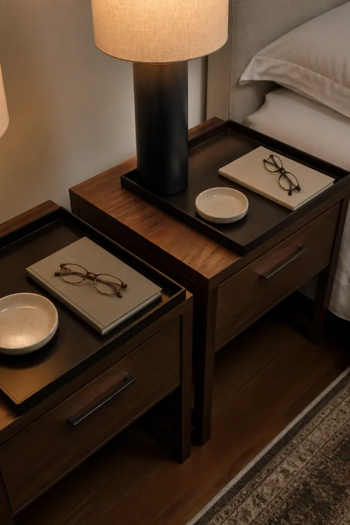Two nightstands each with a small tray. On the tray: a ceramic dish, one bottle of lotion, and a candle. Lamps sit outside the tray area. The bed has cream bedding and a folded throw at the foot.