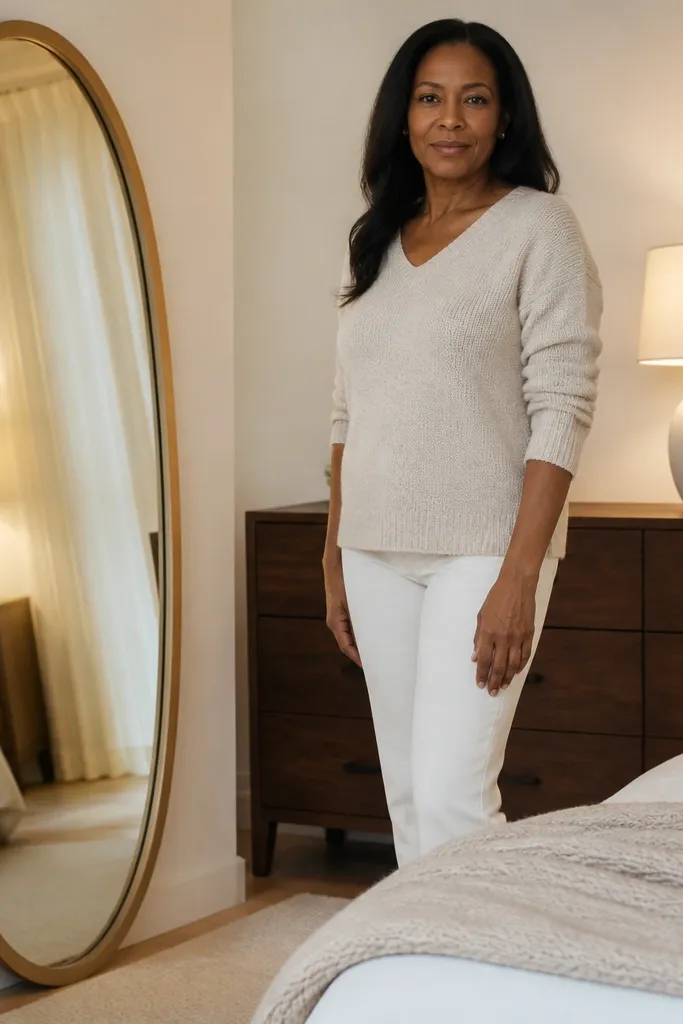 Tall oval mirror with a thin black frame leaning near a dresser. The mirror reflects a lamp glow and part of the bed. A clean dresser surface includes a single vase and a small stack of books.