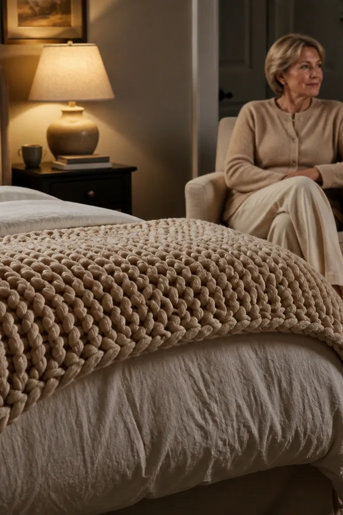 A chunky knit throw blanket folded over the side of the bed. The knit is in warm oat. The bed has a cream duvet and two pillows with subtle texture.