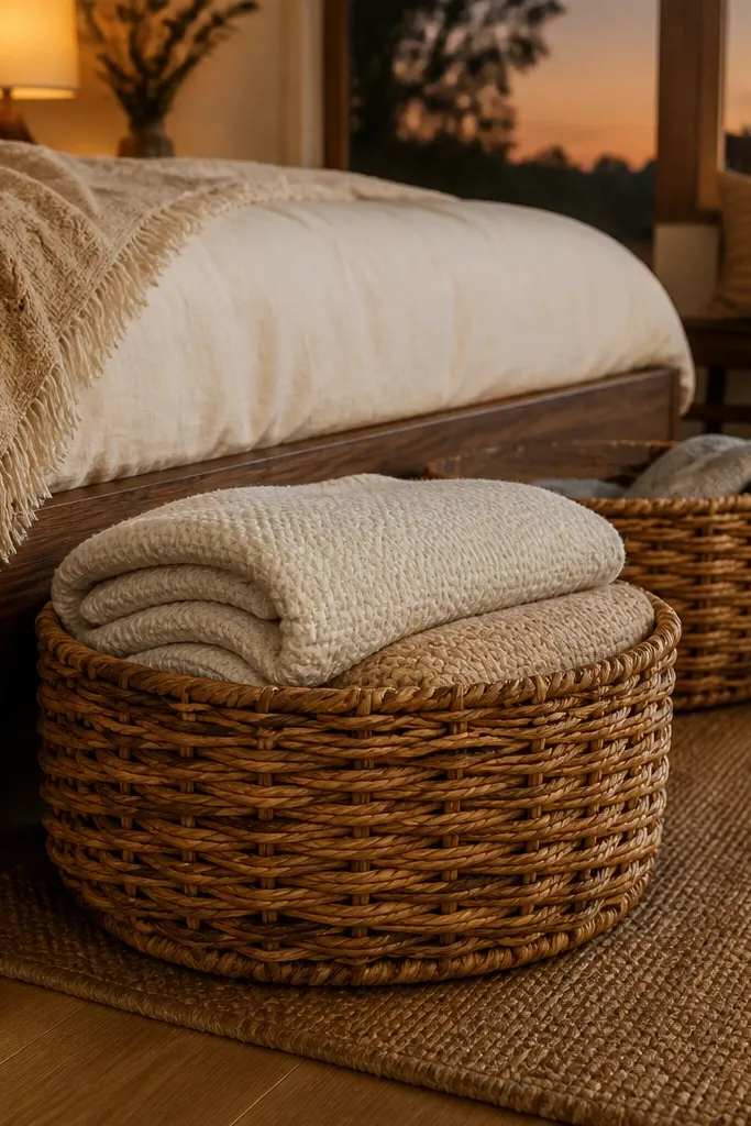 Two woven baskets at the foot of the bed. One basket holds extra blankets, the other holds a folded set of throws. The bedding is cream, with a small throw folded at the foot above the baskets.