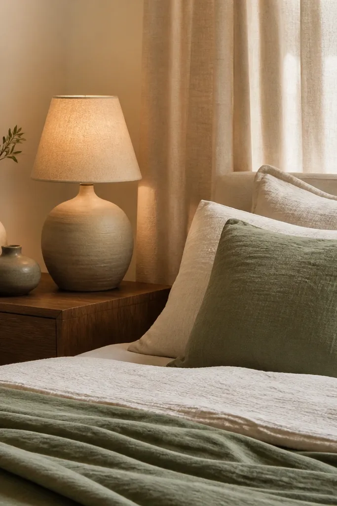 Bed with a sage green throw pillow and cream duvet. On the nightstand is a matte ceramic vase in off-white and a small black-framed photo. The overall palette is soft sage, cream, and warm wood.