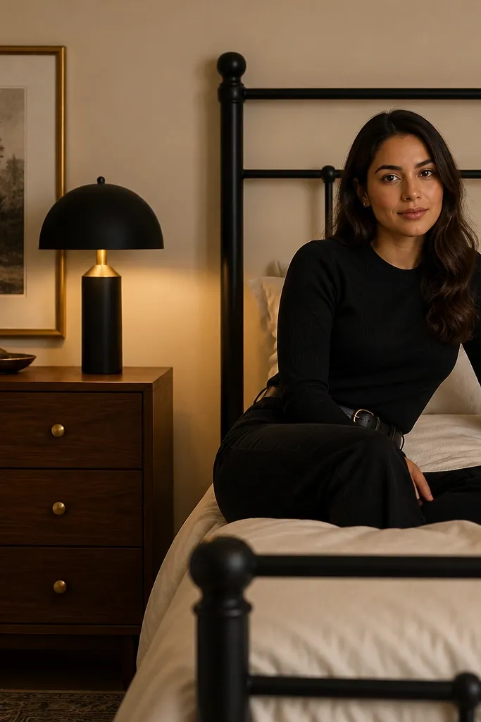 Bedroom lamps with matte black bases and brass accents. A black picture frame sits above the bed. The bed has a black metal frame, and the curtain rod is black.
