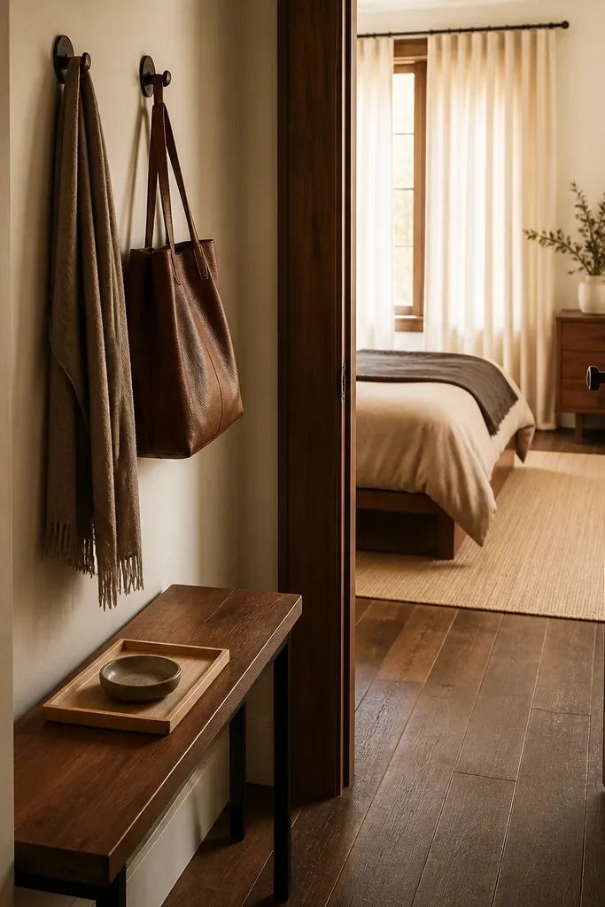 Bedroom-adjacent entry nook with a small bench. A neutral tray sits on top with a candle and keys dish. Two wall hooks hold a scarf and a small bag. The floor has a small runner rug in beige.