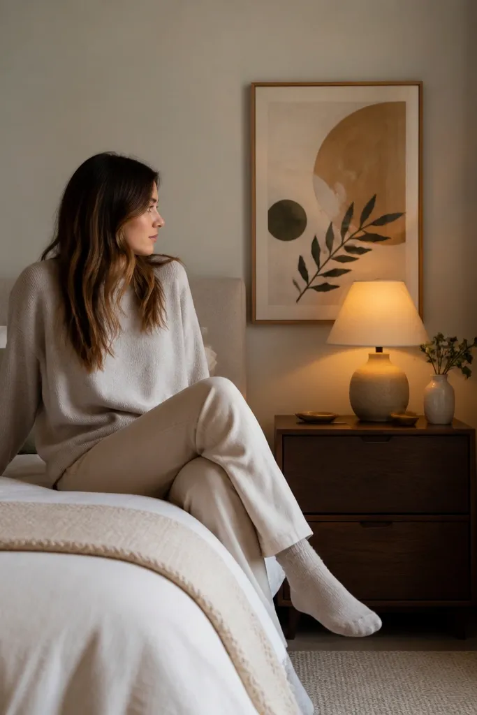 Framed neutral art hanging above the bed. The bottom of the frame aligns around the top third of the pillows. The frame is in a thin black or walnut finish.