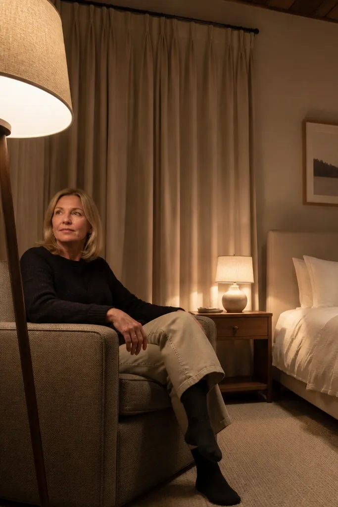 Floor lamp in a bedroom corner with a tall linen shade. The lamp glows warm light and creates a soft pool on the wall. A small plant and a woven basket sit near the base.