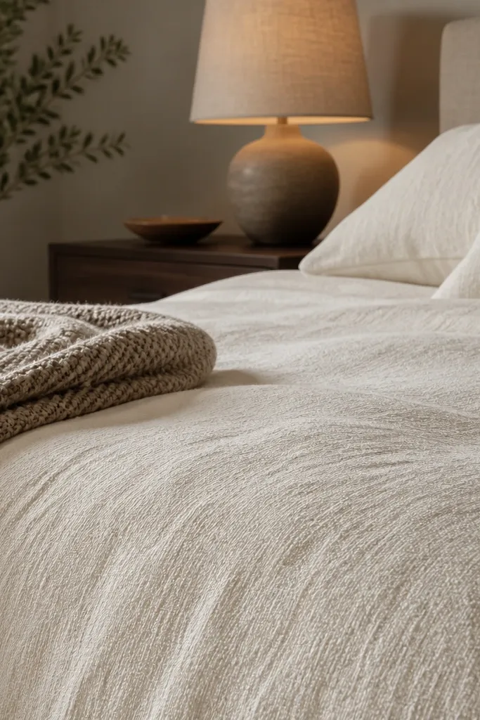 Close view of a duvet cover with visible slub texture in warm cream. The fabric has slight uneven threads that catch light. The bed has simple pillows in solid tones.
