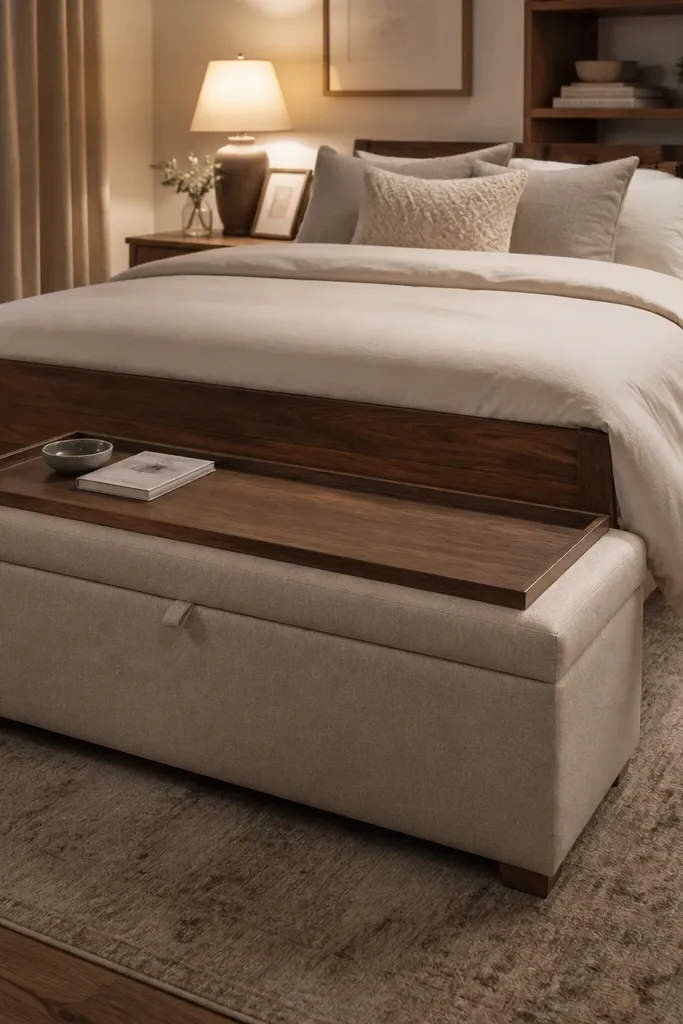 An ottoman placed at the foot of the bed, sized like a small bench. The top has a fabric cushion and a removable tray insert. A throw blanket is folded on top, and the bed linens are cream.