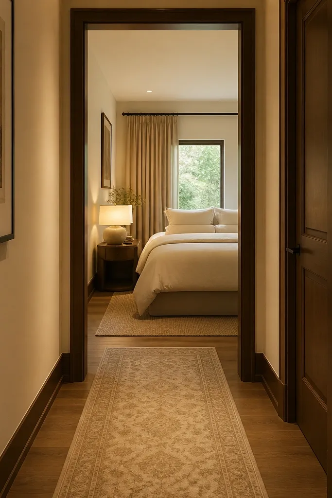 A warm neutral runner rug leading from a small entry toward the bedroom door. The runner has a subtle pattern in beige and camel tones. The floor is light wood, and the walls are warm off-white.