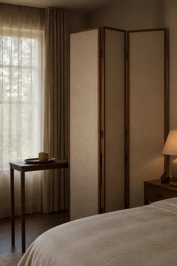 Small bedroom with a slim console table behind a cream fabric room divider screen. The screen stands to the side of the bed, not centered in the room, and it creates a soft visual wall. A narrow tray on the console holds a ceramic vase and a couple of books; the bedding is sage and cream with a chunky knit throw.