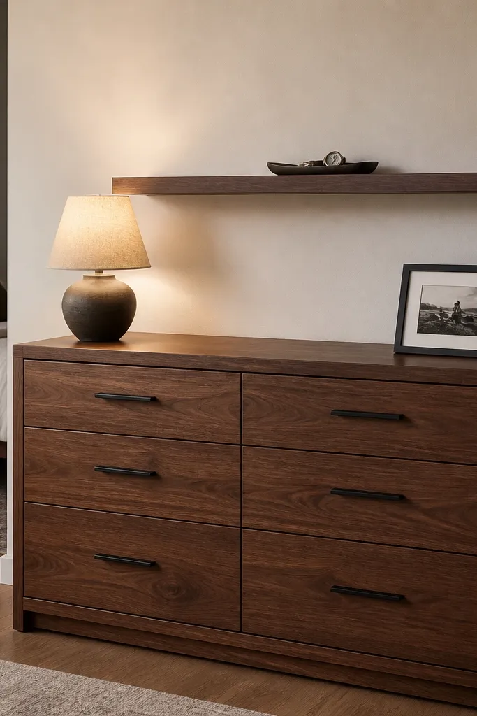 Bedroom wall with a simple floating shelf above a dresser. On the shelf there is one ceramic tray, a short stack of books with their spines turned out, and a small framed print at center. The dresser below stays clear except for a lamp and a single folded throw, and the wall color is warm off-white.
