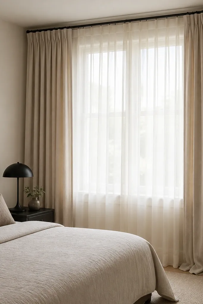 A bedroom window with curtains mounted on a tension rod positioned almost at the ceiling, sheer white panels layered over thicker oatmeal drapes, a small black bedside lamp, and the curtain folds reaching the floor.