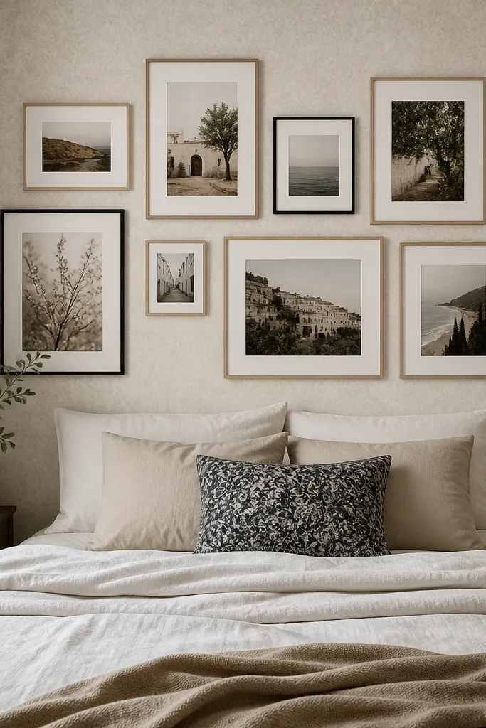 A bed with a headboard-less wall covered in peel-and-stick removable photo frames and subtle wallpaper texture, framed prints arranged in a loose grid, and a neutral duvet with a patterned throw pillow.