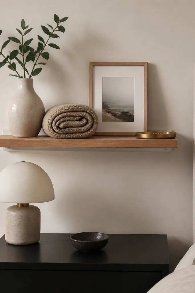 A small floating shelf installed with removable adhesive rails above a nightstand, styled with a ceramic vase, a rolled blanket, a framed photo, and a small brass tray.