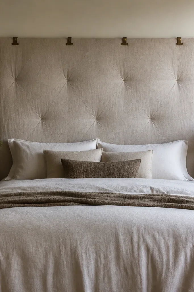 A queen bed with a soft upholstered headboard made from a large fabric panel attached to the wall using removable clips, with tufted-looking texture and a neutral linen duvet.