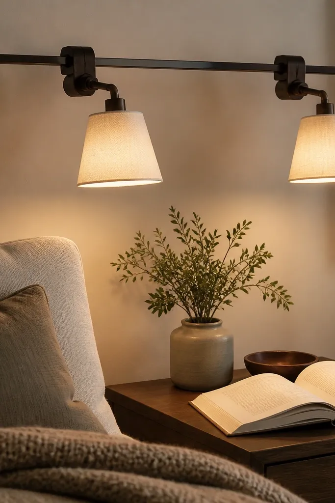 Two clip-on picture lights mounted on a metal frame above a nightstand, casting warm light onto a reading corner, with a neutral lampshade-like diffuser.