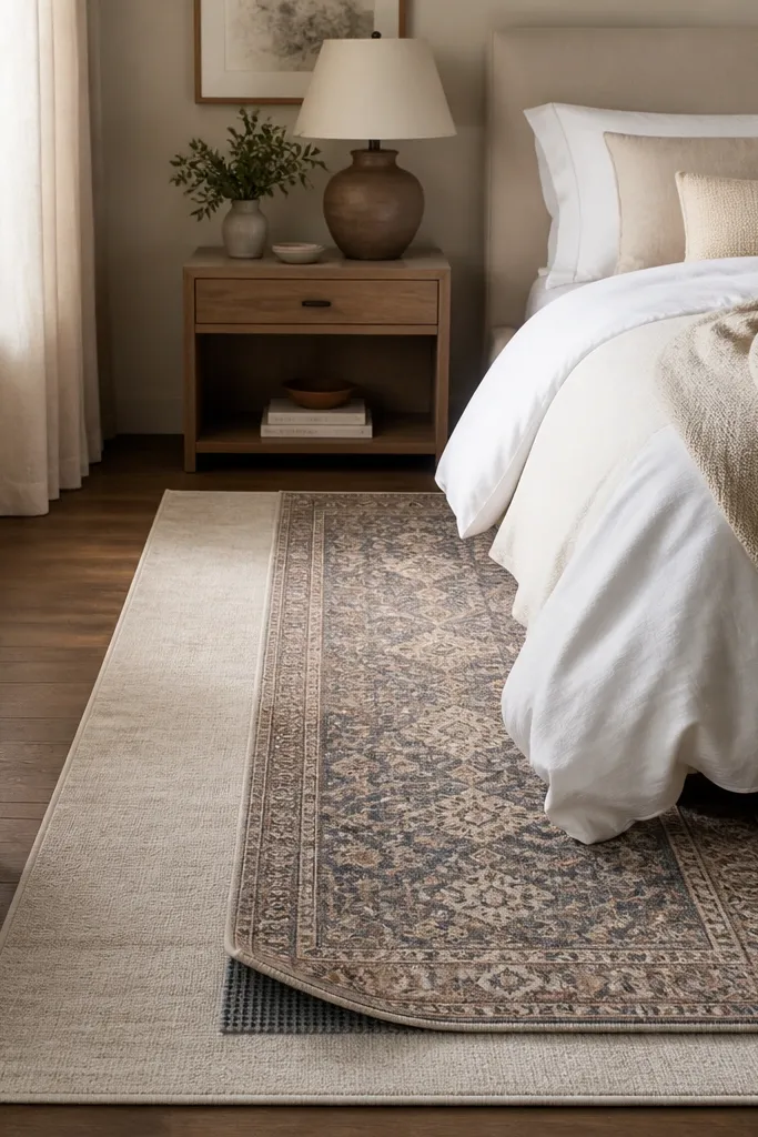A bedroom with a larger neutral area rug, a smaller patterned runner layered on top near the bed, and a rubber non-slip pad visible at the edges.