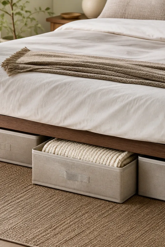 Under-bed storage with low-profile bins with beige fabric fronts, neatly arranged, with a vacuum-safe plastic base and a folded blanket peeking out.