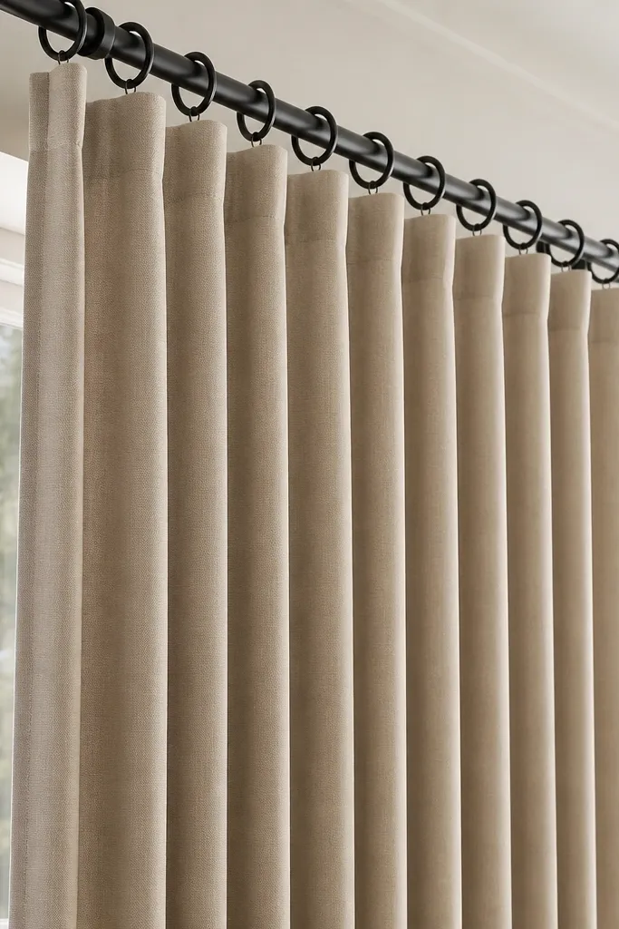 Curtains hung on a tension rod using large rings with magnetic points, with smooth gliding folds and a neat top header line.