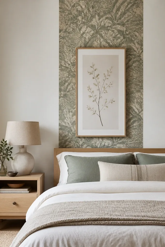 A single vertical stripe of peel-and-stick wallpaper behind the bed, with a tall framed print and a light wood nightstand, creating a focal column.