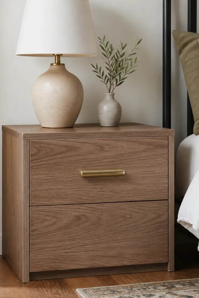 A worn nightstand with a peel-and-stick wood-grain veneer wrap, crisp corners, a brass drawer pull added with no-drill adhesive, and a lamp on top.