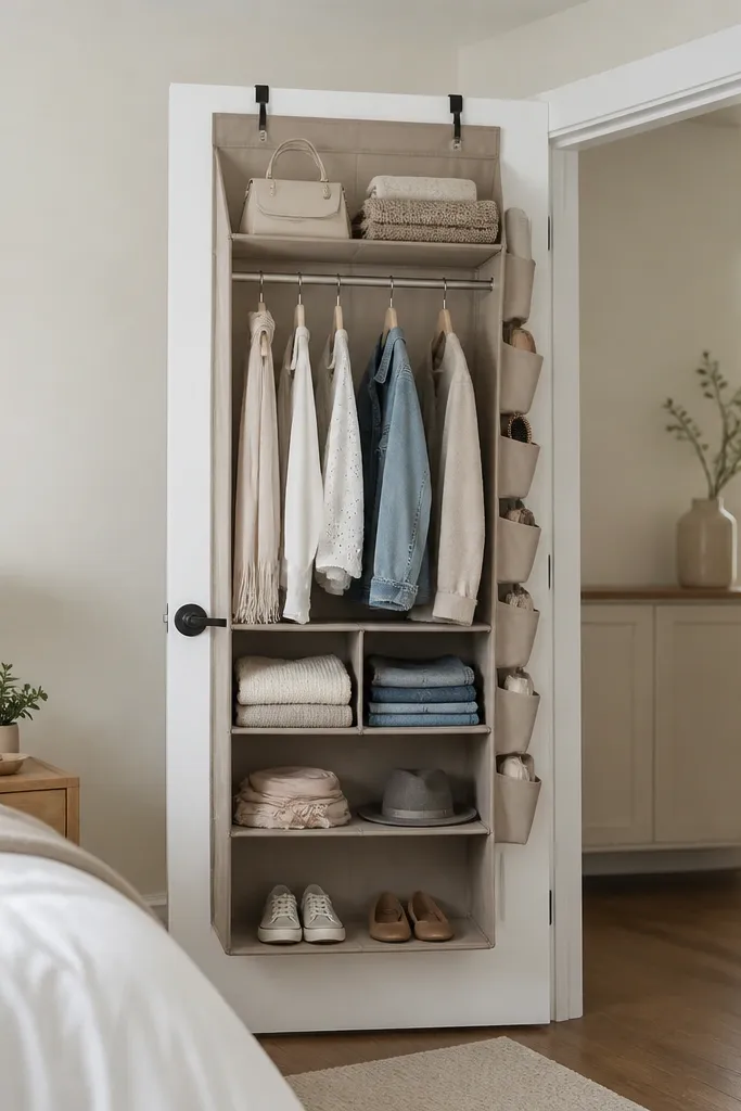 An over-the-door hanging organizer with multiple compartments, a rail for hangers, and a small fabric pocket unit on the back of a bedroom door.