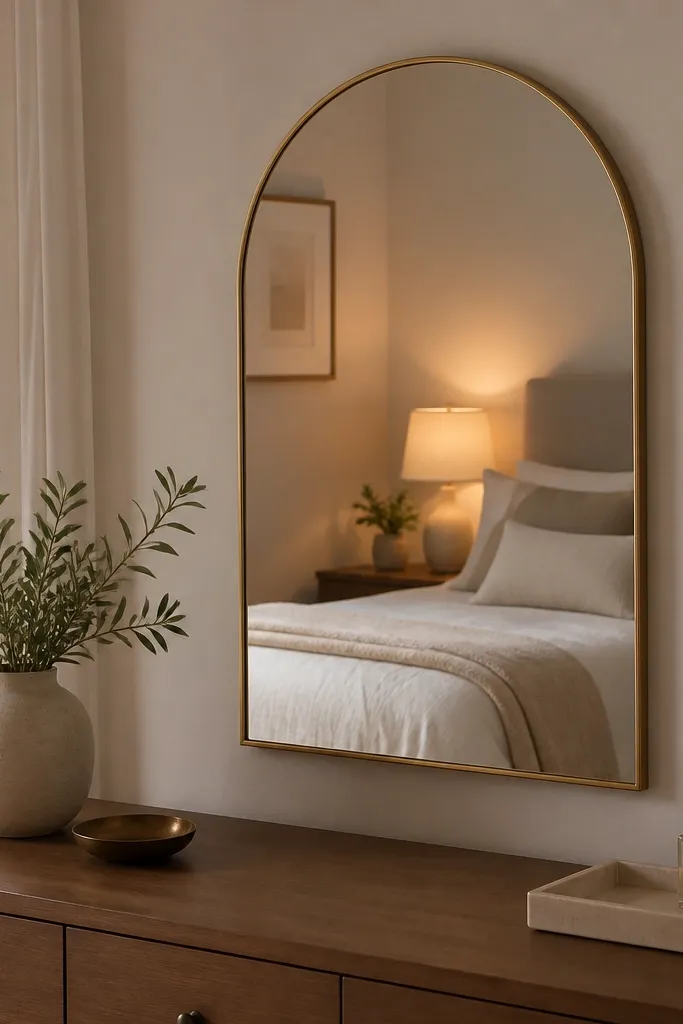 A tall arched mirror on the wall behind a dresser, attached with visible removable adhesive strips, reflecting a bed and warm lamp light.