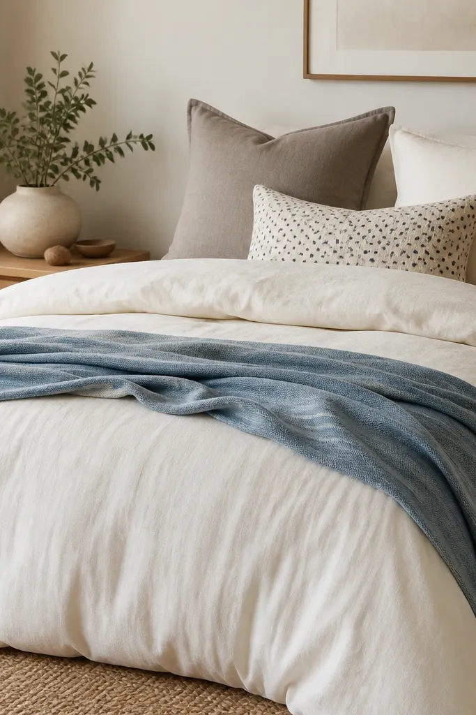 A bed styled with a cream duvet, a muted blue throw blanket, a patterned pillow with small dots, and two solid pillows in warm gray and ivory.