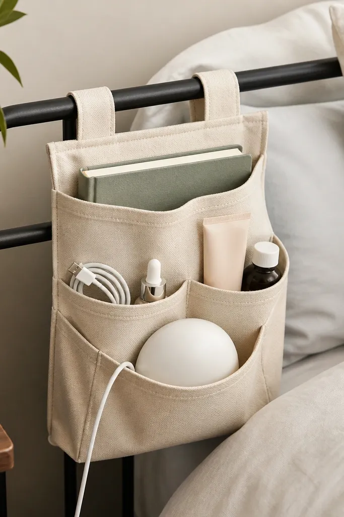 A hanging organizer attached to a bed frame or headboard rail with multiple pockets holding a book, charging cable, skincare, and a small lamp cord.