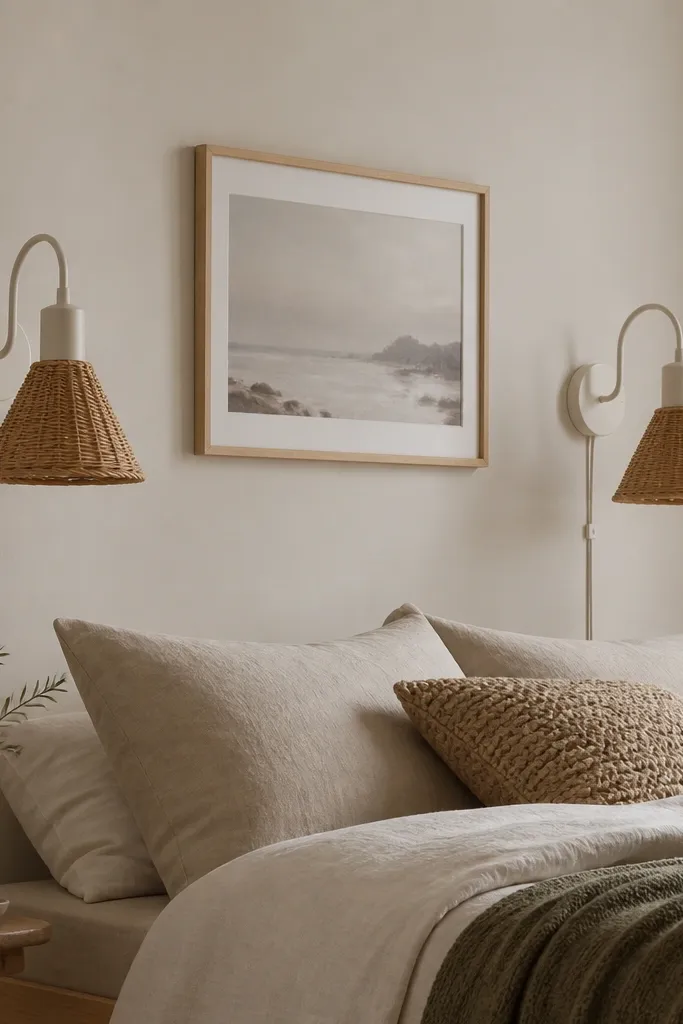 Two plug-in wall sconce-style lights mounted on the wall using removable plates, with neat cord routing held by small adhesive cord clips painted to match the wall.