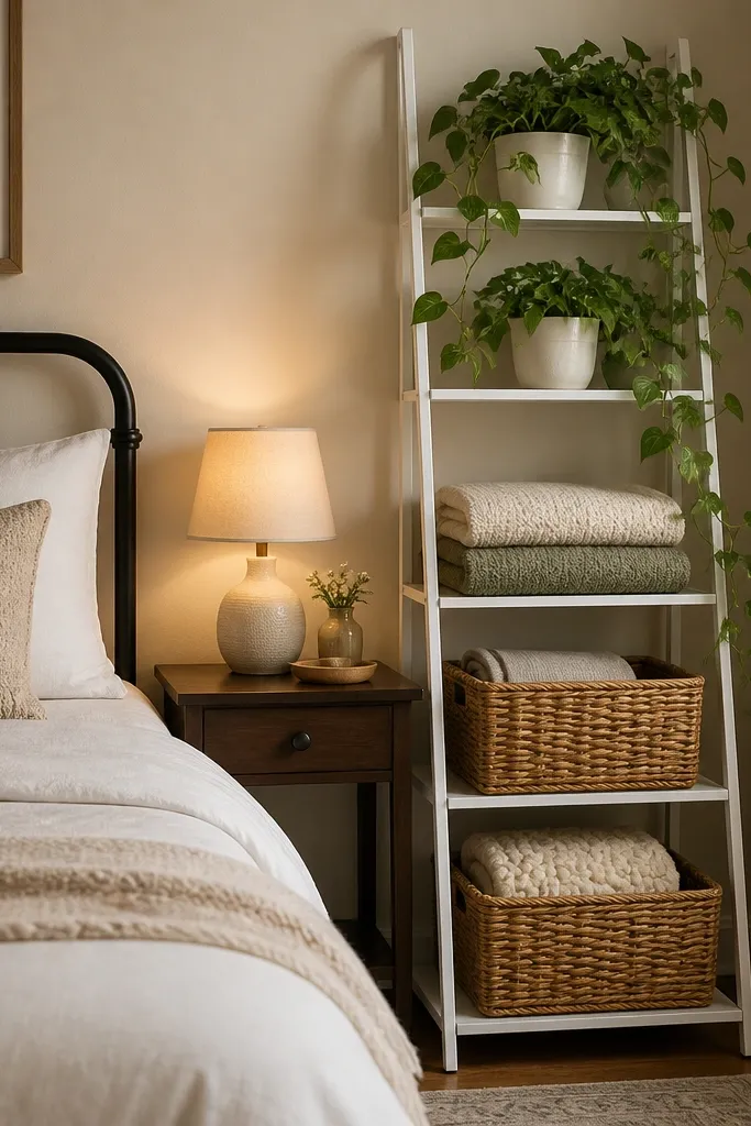 A white metal ladder shelf placed beside the bed. Two top rungs hold small potted pothos in white ceramic planters. The middle rungs hold folded throws and two woven baskets. Warm table lamp light glows from the nightstand area, and trailing vines hang down toward the bed frame.