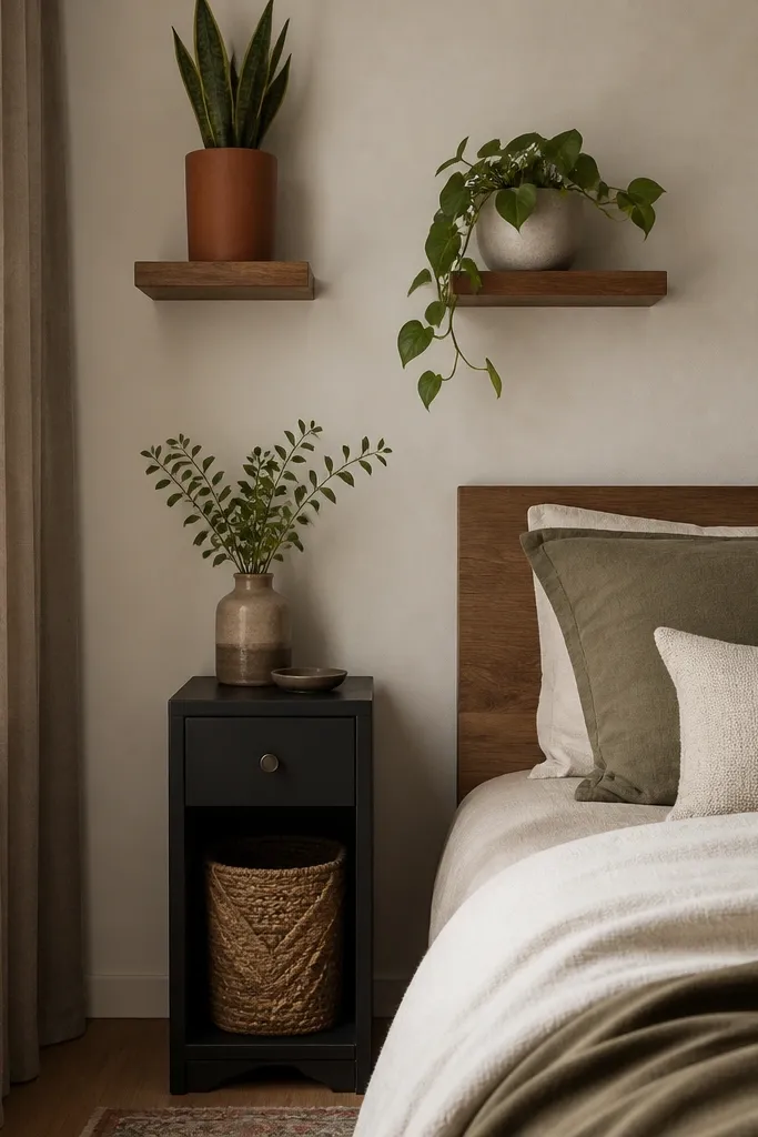Two floating shelves above a narrow nightstand. The left shelf holds a small snake plant in a tall terracotta pot, and the right shelf holds a ceramic planter with a trailing plant. A wall sconce on the wall behind the bed points downward at a slight angle. A woven basket sits on the nightstand below for storage.