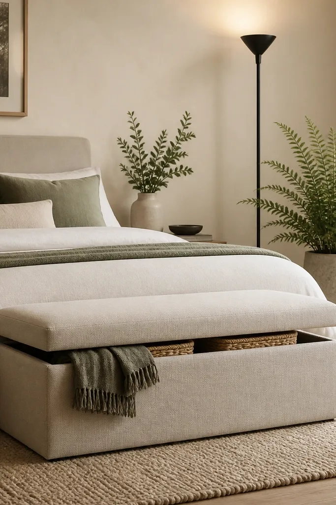 A light beige upholstered storage bench at the foot of the bed with a hinged lid. On the bench's right side sits a tall planter with a fern. A black floor lamp stands behind the bench, its warm bulb shining up toward the ceiling. A small throw and two storage baskets peek from the bench area.