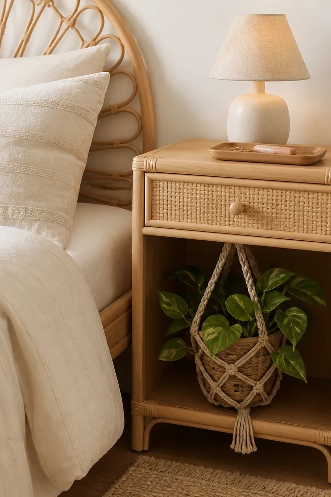 A rattan cabinet nightstand with a drawer and open shelf. The open shelf holds a medium plant in a woven macrame hanger. A small warm lamp sits on top, and a tray organizes rings and lip balm. The bed bedding is cream with subtle texture.