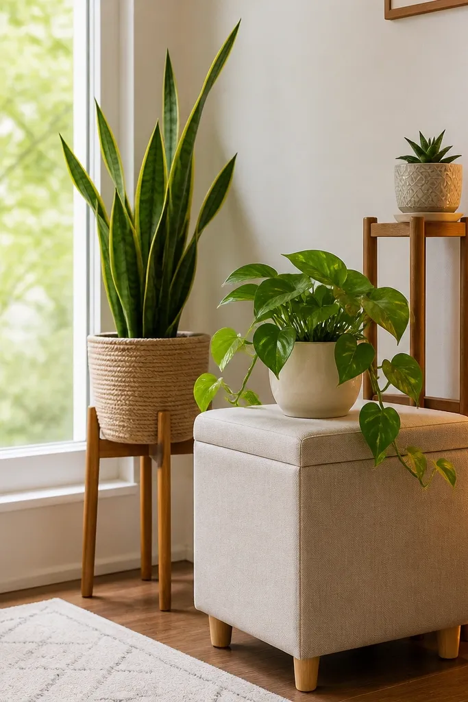 A bright corner by a window with two plant stands. A small storage stool sits in front with a cushioned top. String lights are mounted along the wall edge, glowing warm. Multiple plants sit on different heights: a tall snake plant on the floor stand, a medium pothos on the stool, and a small succulent on a narrow shelf.