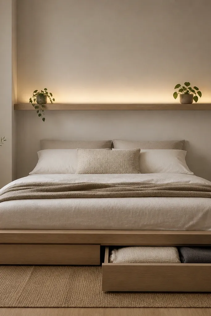 A bed with low profile and visible under-bed pull-out drawers. Above the bed, a small shelf spans the width with two small plants. A plug-in wall light strip or picture light shines upward toward the plants. The headboard wall is a soft off-white.