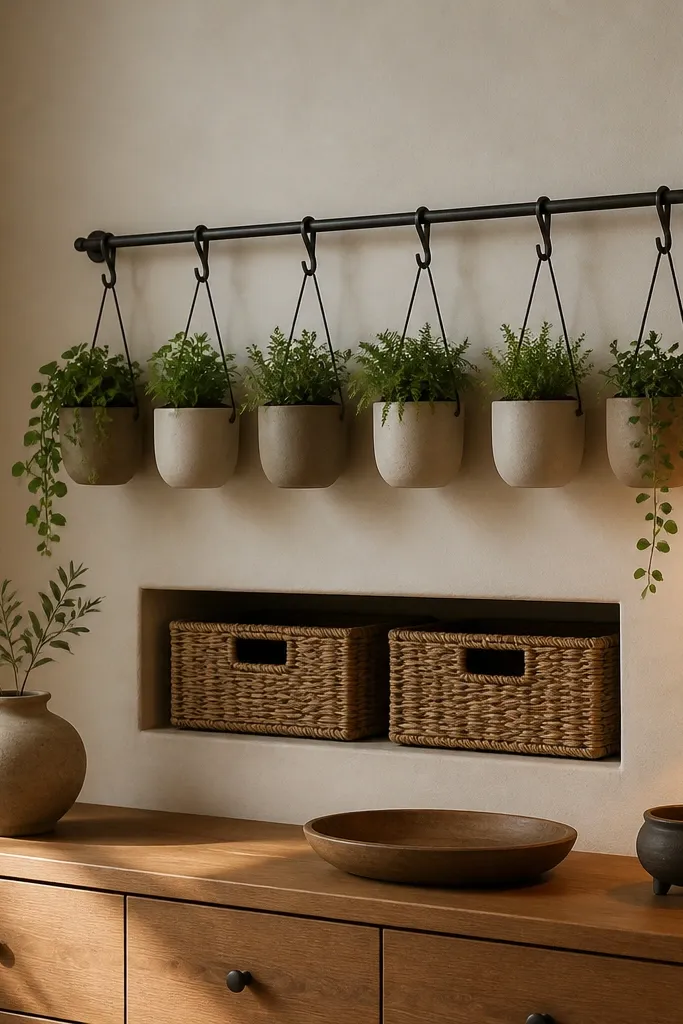 A metal plant rail mounted on the wall above a dresser. Several small pots hang from the rail in a tidy row. Below the rail, two woven storage baskets slide into a built-in niche. A warm pendant light hangs low near the dresser.