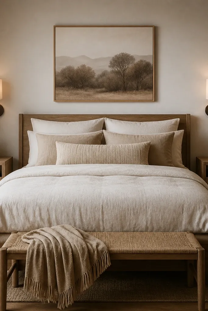 Two matching slim bedside tables flank the bed. Each table has a small planter box integrated into the front - like a planter inside a drawer area. Warm sconces sit on the wall above each table. Plants are small and upright, one per side, in matte ceramic pots.