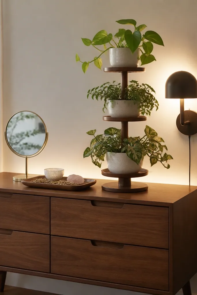 A mid-century style dresser with a stackable plant tower on top. The tower has three tiers with small pots. A plug-in wall light is mounted behind the dresser, aimed to create a backlight glow. The dresser has a tray for jewelry and a small mirror.