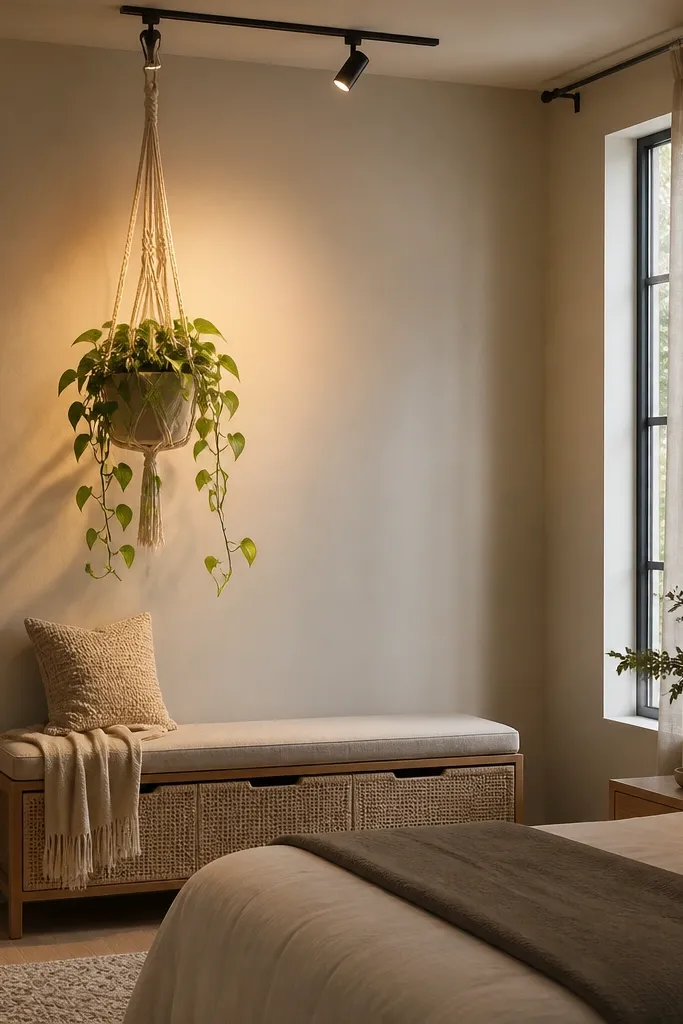A ceiling track light system aimed at a hanging macrame planter. Below, a storage bench sits against the wall with a linen cushion. Warm spotlights illuminate the hanging planter from angles. The bed is positioned so the light creates a soft halo on the wall.